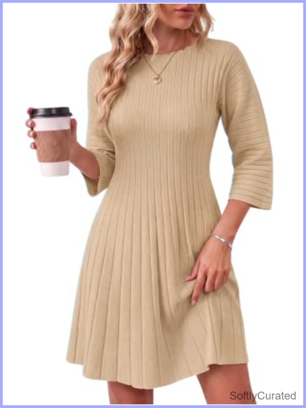 Scalloped Trim 3/4 Sleeve Knit Flowy Mini Dress